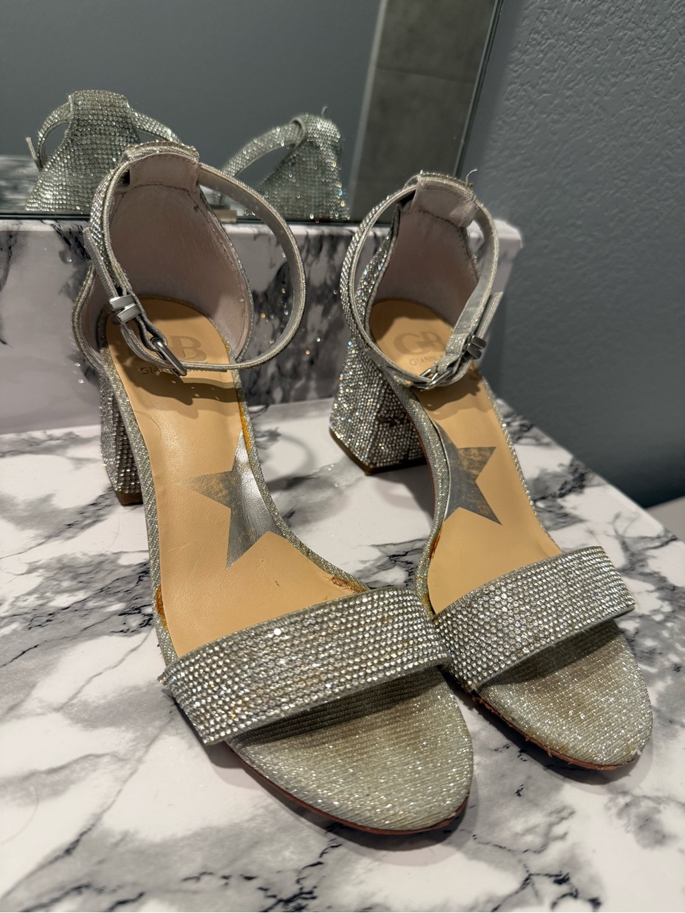 Gianni Bini Silver Glitter Block Heel Sandals with Ankle Strap